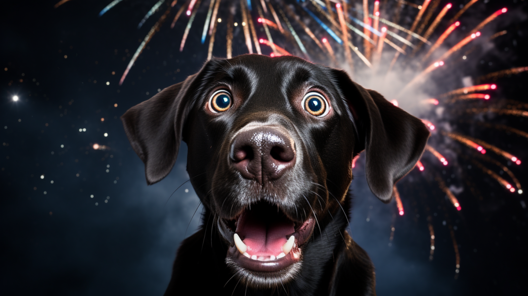 Ein dunkler Labrador schaut ängstlich. Im Hintergrund ist ein dunkler Himmel mit Feuerwerk zu sehen.