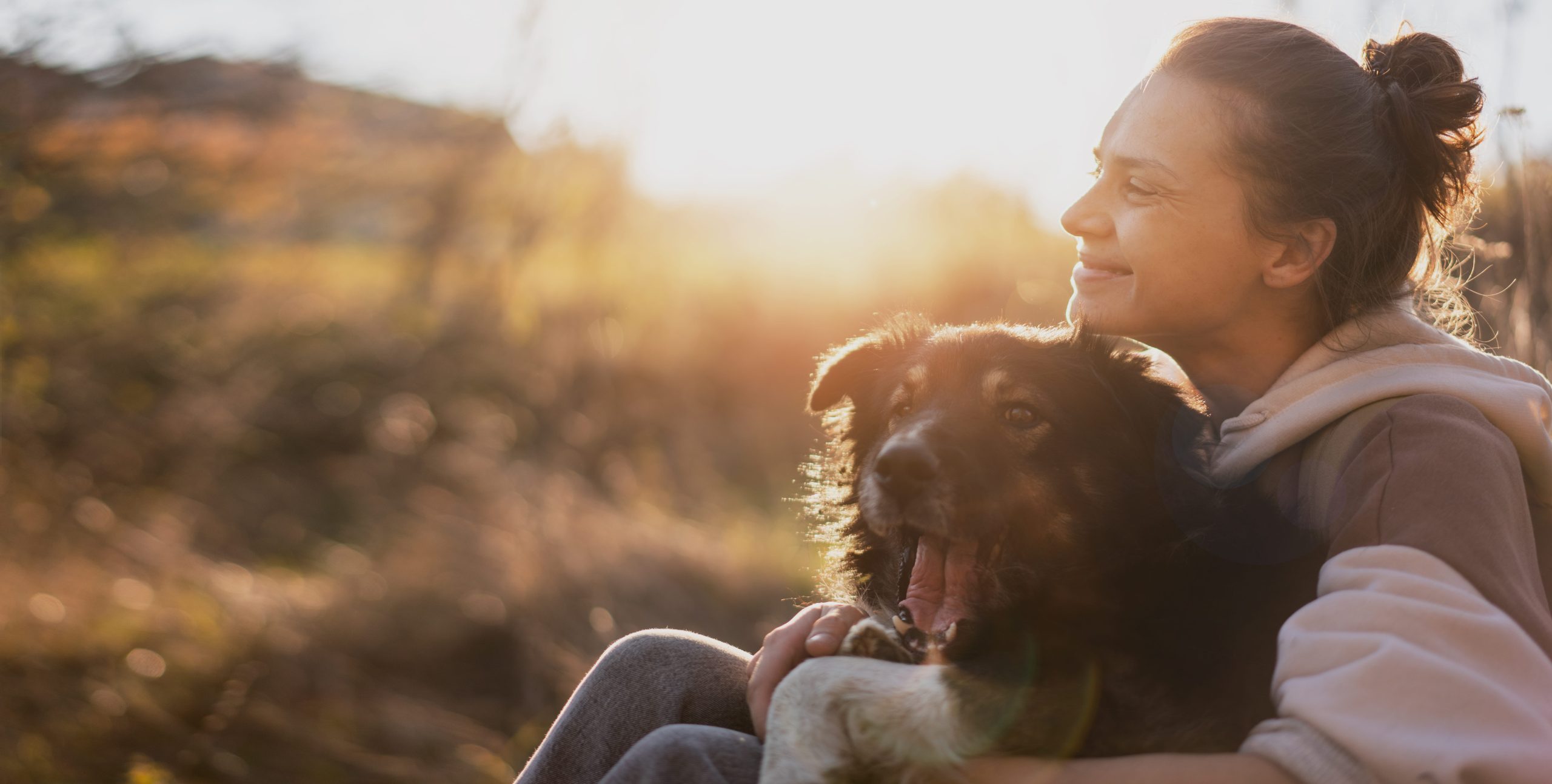 Eine Frau und ihr Hund sitzen auf einer Wiese und schauen sich den Sonnenuntergang an.